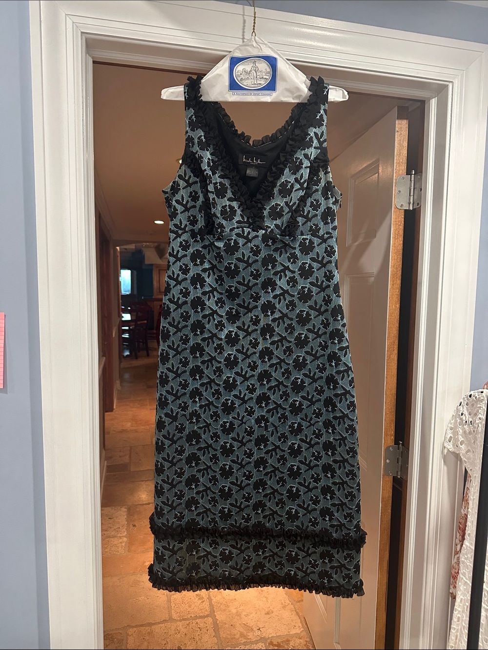 Nicole Miller Black and Teal Floral Lace Sheath Dress